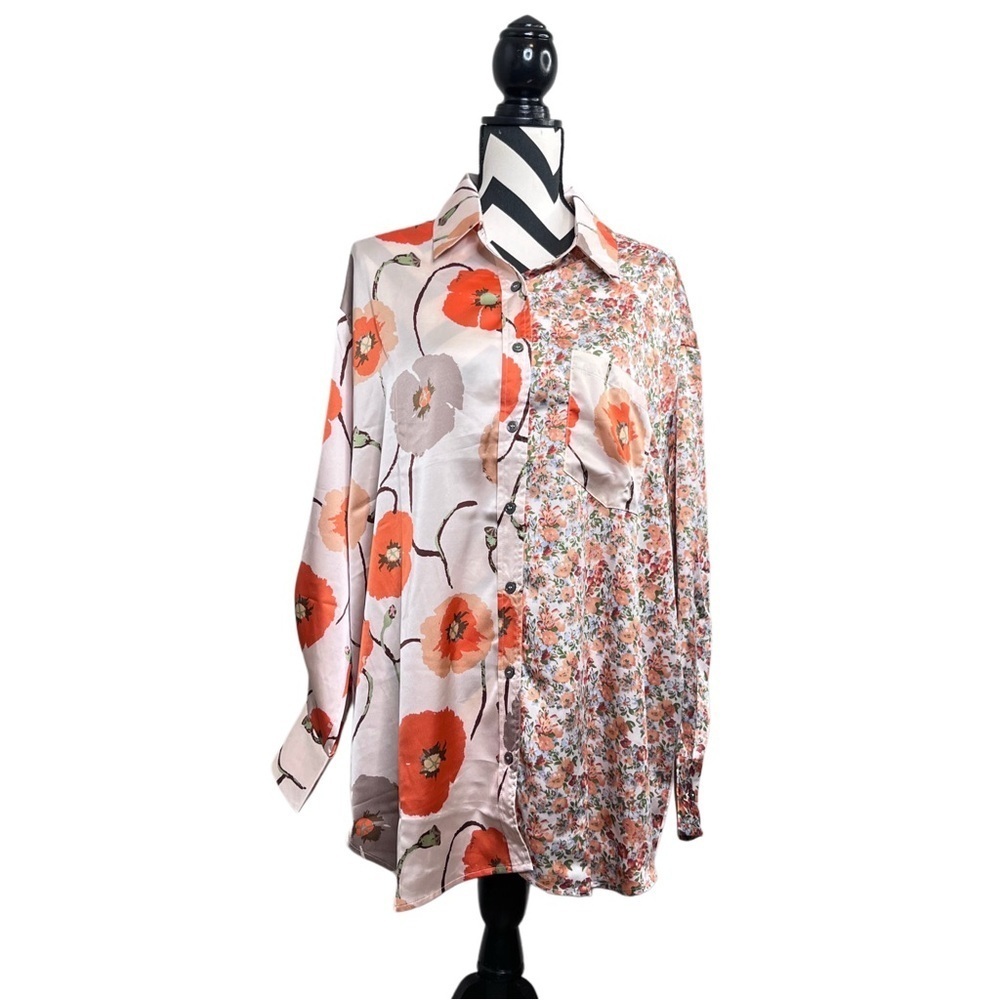 NWT Entro Poppy Boho Bloomcore Floral Sz L Long-Sleeve Button-Down Satin Blouse